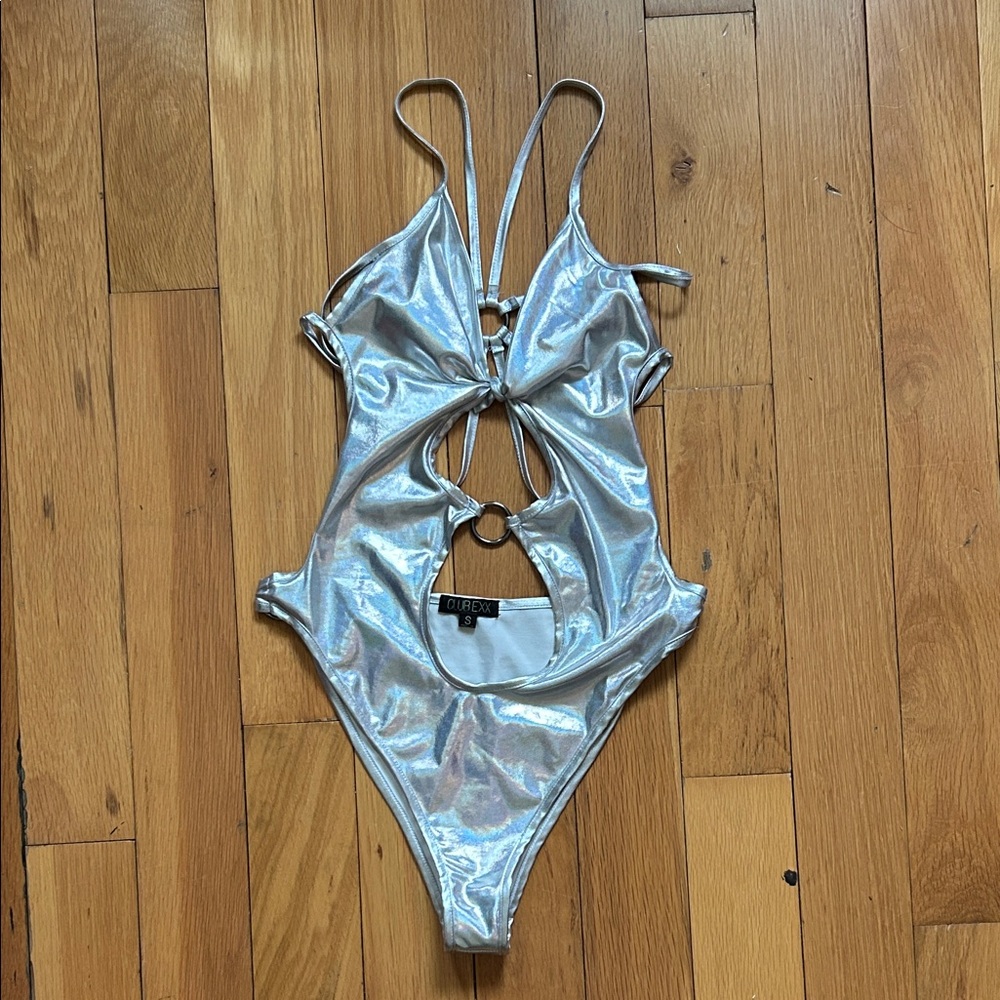 Cupshe Silver Metallic Cutout One-Piece Swimsuit with Ring Detail